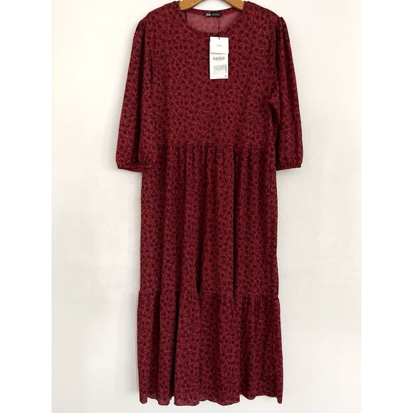 Zara Dainty Floral Dress L Red Black Tiered Cottagecore Raw Hem Boho Maxi Midi - Picture 1 of 9